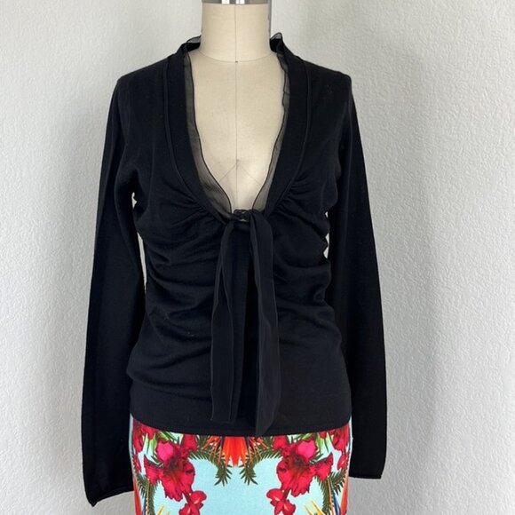 Prada Knit Wool Blend Rucjed V Neck Sheer Trim Self Tie Plunge Sweater - Picture 1 of 10